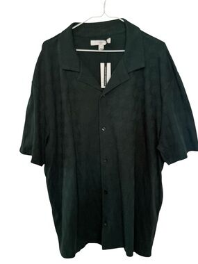 River Island Men's XL Short Sleeve Button-Up Camp Shirt Dark Green Jacquard Knit